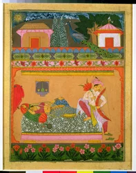 Lovers at Daybreak, ilustrace hudebního režimu Raga Vibhasa, Northern Deccan nebo Southern Rajasthan, cca 1675 (kvaš se stříbrem a zlatem na papíře)