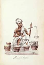 Trhovec, z „Přehledu různých kast Indie“, od Venkata Ramasvani, publikoval Madras 1837 (barevné lito)