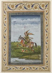 Miniatura zobrazující scénu okřídlené postavy na koni, pravděpodobně škola Dillí, Mughal, Indián, začátek 19. století (akvarel a zlacení na papíře)