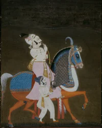 Šlechtic z Mewar jedoucí na Mrigarao s pěším doprovodem, 1820