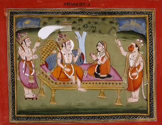 Nebo. 13805 f.373 Král Ráma na trůnu, ilustrace z „Bhágavatapurány (Purana požehnaného Pána)“ od Kaluramy