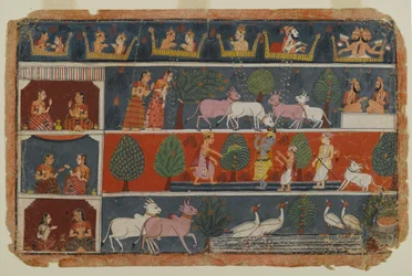 Stránka ze série Dispersed Bhagavata Purana Series, cca 1680 (neprůhledné wc na papíře)