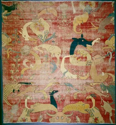 Část koberce s fantastickými zvířaty na červeném podkladu, Mughal, c.158085 (vlna a bavlna)