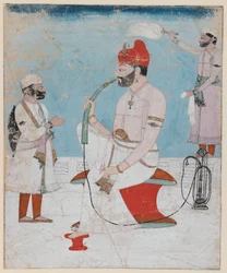 Portrét Raja Sansar Chand z Kangra, kolem 1800-10 (neprůhledné wc a zlato na papíře)