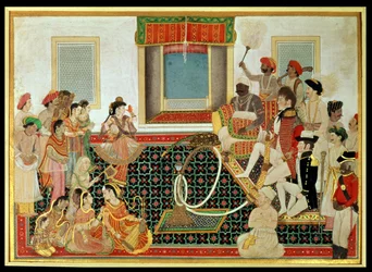 Princ Mahadaji Sindhia baví britského armádního důstojníka a námořního důstojníka na nautch, kolem roku 1820 (kvaš na papíře)