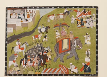 Rajan kulkue norsun selässä aseellisen saattajan ja pidikkeiden kanssa, 1800-luvun toinen puoli (guassi paperilla)