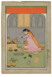 Rádha v kuchyni, kolem roku 1810 (neprůhledné pigmenty a zlato na wasli)