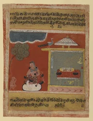 Radha touží po svém milovaném, stránka z datované série Rasikapriya, 1634 (neprůhledné wc a zlato na papíře)