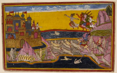 Ráma s pomocí opičího inženýra Naly postaví most přes moře do Lánká a umožní tak opicím a démonům přejít, asi 1653 (miniatura)