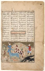 Rustam chytí svého koně Rakhsh, cca 1480 (neprůhledné wc a zlato na papíře)