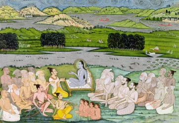 Shri Sukdevji káže v hale Sadhus, Rádžasthán, kolem roku 1757