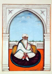 Sirdar Šam Singh, z knihy Království Paňdžáb, jeho vládci a náčelníci, svazek I, svazek 27 akvarelových studií od neznámého indického umělce, asi 1840 (čb na papíře)