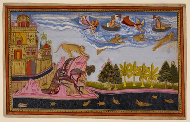 Síta se modlí za Hanumāna, který ji uklidní a vrátí se, letí v oblacích a je obsypán květinami. 1653 (miniatura)