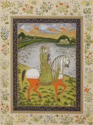 Císař Muhammad Shah, jezdec, v loveckém poli, kolem roku 1750 (neprůhledné wc a zlato na papíře)