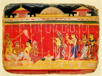 Manželství Krišnových rodičů, z rozptýleného rukopisu Bhagavata Purana z Mewar, Rádžasthán, kolem 1520-50 (neprůhledné wc na papíře)