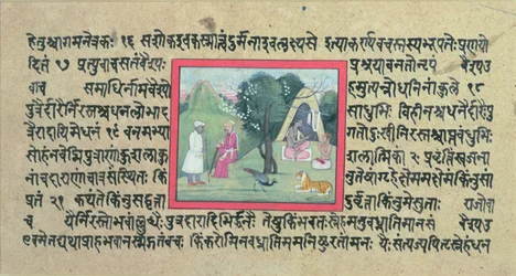 Návštěva náčelníka Rádžputu u poustevníka ze stránky Madhandeya Purana, napsané v sanskrtu, Guler, škola Pahari, kolem roku 1756