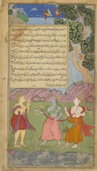1. díl, fol.140 Hanuman se blíží k Támovi a Laksmanovi v podobě askety (neprůhledný akvarel, tuš a zlato na papíře)