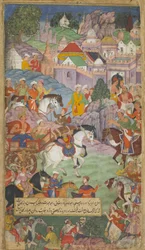 Vol.1 fol.20 Dasaratha se vydává směrem k Angadě, aby pozval Rsyasrngu do svého příbytku (neprůhledné wc, inkoust a zlato na papíře)