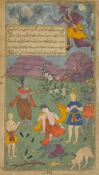 2. díl, fol.199 Laksmana je zasažen magickými šípy Indrajity (neprůhledný akvarel, tuš a zlato na papíře)