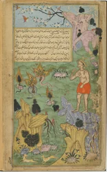 Vol.2 fol.234 Na naléhání Jambavans se Hanuman vydává do Himálaje, aby našel čtyři léčivé rostliny (neprůhledný akvarel, inkoust a zlato na papíře)