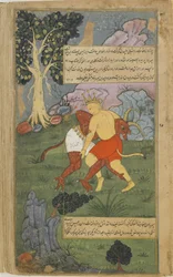 Vol.2 fol.242 Hanuman porazí Nikumbhu tím, že mu utrhne hlavu (neprůhledný akvarel, inkoust a zlato na papíře)
