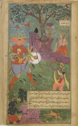 Vol.2 fol.264 Rávana vystřelí na Rámu magickou zbraň asura (neprůhledný akvarel, inkoust a zlato na papíře)