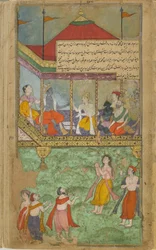 Vol.2 fol.283 Bharata přichází pozdravit Rámu, který je uznávaný lidmi z Ayodhya (neprůhledný akvarel, inkoust a zlato na papíře)