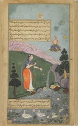 2. díl, fol. 317 Indra a Súrja vidí Rksarádžu, který se proměnil v krásnou ženu, a zplodí Valího a Sugrivu (neprůhledný akvarel, tuš a zlato na papíře).