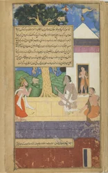 2. díl, fol.324 Dasaratha se ptá Durváse na osud svých potomků (neprůhledný akvarel, tuš a zlato na papíře)