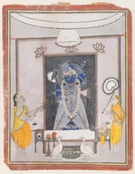 Uctívání Shrinathaji (neprůhledné wc, zlato a stříbro na papíře)