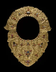 Náhrdelník, Buleleng Regency, Bali, kolem roku 1890 (zlato, rubíny, safíry a diamanty)