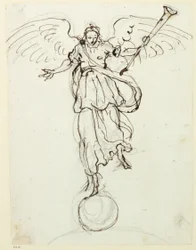 Fame, předběžná skica, cca 1631 (pero a inkoust na papíře)