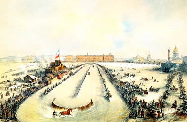 Koňské dostihy na zamrzlé řece Něvě v Petrohradě, Rusko, 1859.
