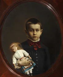 Portrét dívky s panenkou v ruce par Volkov, Iosif Petrovič (1854-po 1897). Olej na plátně