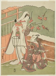 Herci Arashi Sangorô II jako Minamoto no Yoritomo a Segawa Kikunojô II jako Sněhová žena ve filmu „Bavlněná vata Izu chránící manželské chryzantémy“ („Myôtogiku Izu no Kisewata“)