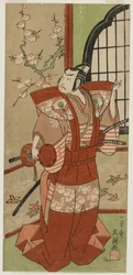 Onoe Kikugorō I jako Izumi no Saburō ve hře Snowflakes: Plum Blossoms Kaomise