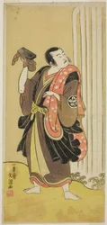 Herec Ichimura Uzaemon IX jako Seigen ve hře Ise-goyomi Daido Ninen, hrál v divadle Ichimura na podzim, 1768