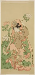 Herec Segawa Kikunojo II v tanci Shakkyo ve hře Soga Moyo Aigo no Wakamatsu, hrál v divadle Nakamura ve druhém měsíci, 1769