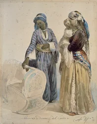 Otrokyně a žena z Káhiry, akvarel Ippolito Caffi (1809-1866)