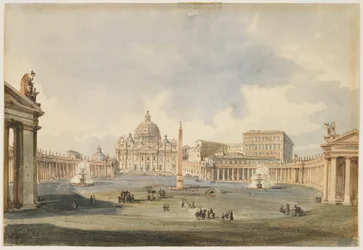 Pohled na Svatopetrské náměstí a baziliku svatého Petra v Římě, kolem roku 1846