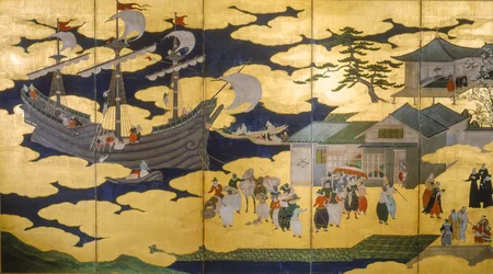 Samurajové- Rozkládací plátno Namban Byobus- Jižní barbaři- Portugalská loď vplouvající do japonského přístavu..., 2005 (foto)