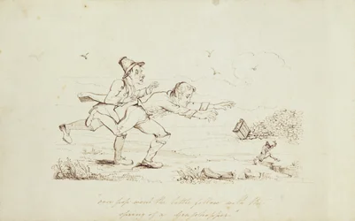 Over Pop Went the Little Fellow with Spring of a Grasshopper, knižní ilustrace zobrazující Dva Irové honí skřítka, 19. století (pero a inkoust na papíře)