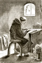 Svatý Vincent píše ve své cele ve Ferins z knihy Trias Thaumaturga neboli Tři zázrační svatí z Irska od Mary Cusack (1829-99) vydané kolem 90. let 19. století