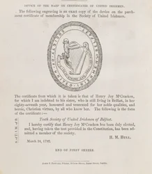 Pečeť Společnosti sjednocených Irů v Belfastu, asi 1792 (rytina)