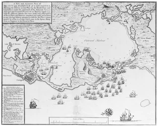 Nový a přesný plán města a přístavu Cartageny, který ukazuje, jak v březnu a dubnu 1741 britská flotila a pozemní vojska pod velením admirálů Vernona a Oglea a generála Wentwortha opustila toto místo...