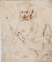 Portrét neznámé dámy, formálně zvané Lucy Harrington, hraběnka z Bedfordu, skica k miniaturě (č. 3902) c.1605 (pero a inkoust, křída na papíře) (viz také 58811)