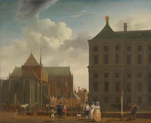 Nieuwe Kerk a radnice na přehradě v Amsterdamu Nový kostel a radnice na náměstí Dam v Amsterdamu