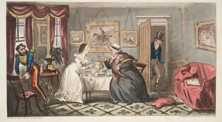 Bath Beau a Frail Belle aneb pan B. a slečna L., z The English Spy, pub. 1824 (ručně kolorovaná rytina)