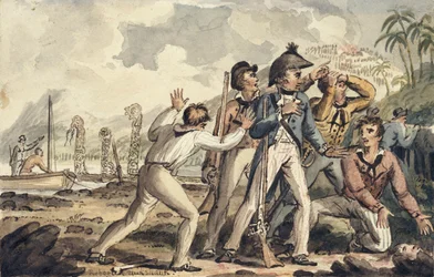 Kapitán Burney objevuje své zavražděné spolucestující, ilustrace z „The Voyages of Captain Cook“