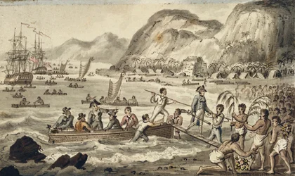 Captain Cook Landing in Owyhee, ilustrace z „The Voyages of Captain Cook“